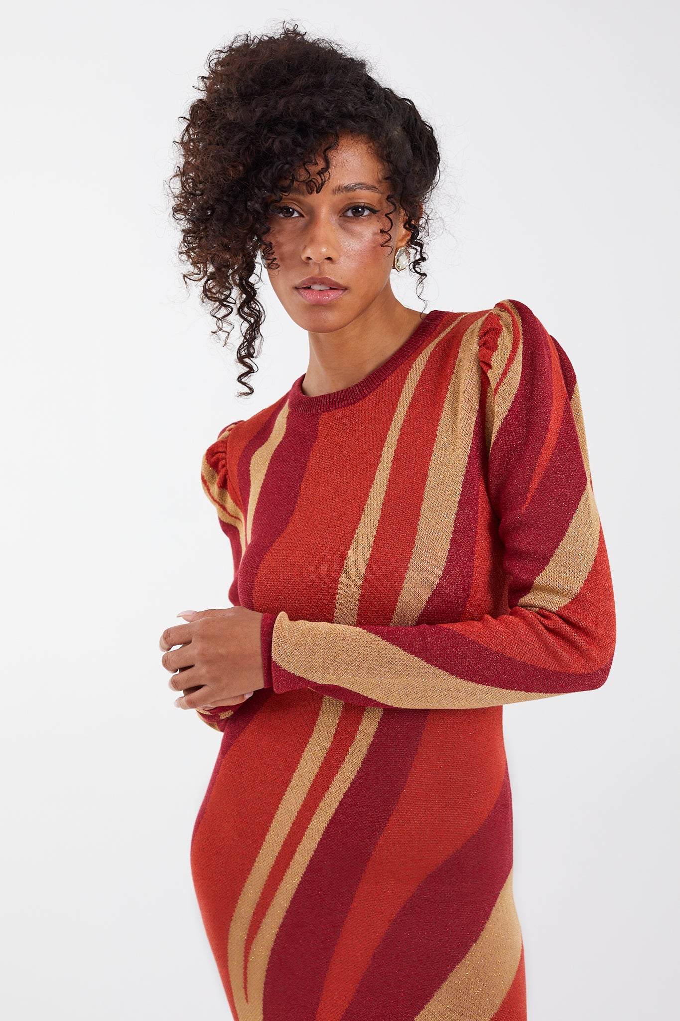 Red and Gold Midi Sweater Dress womens clothing store