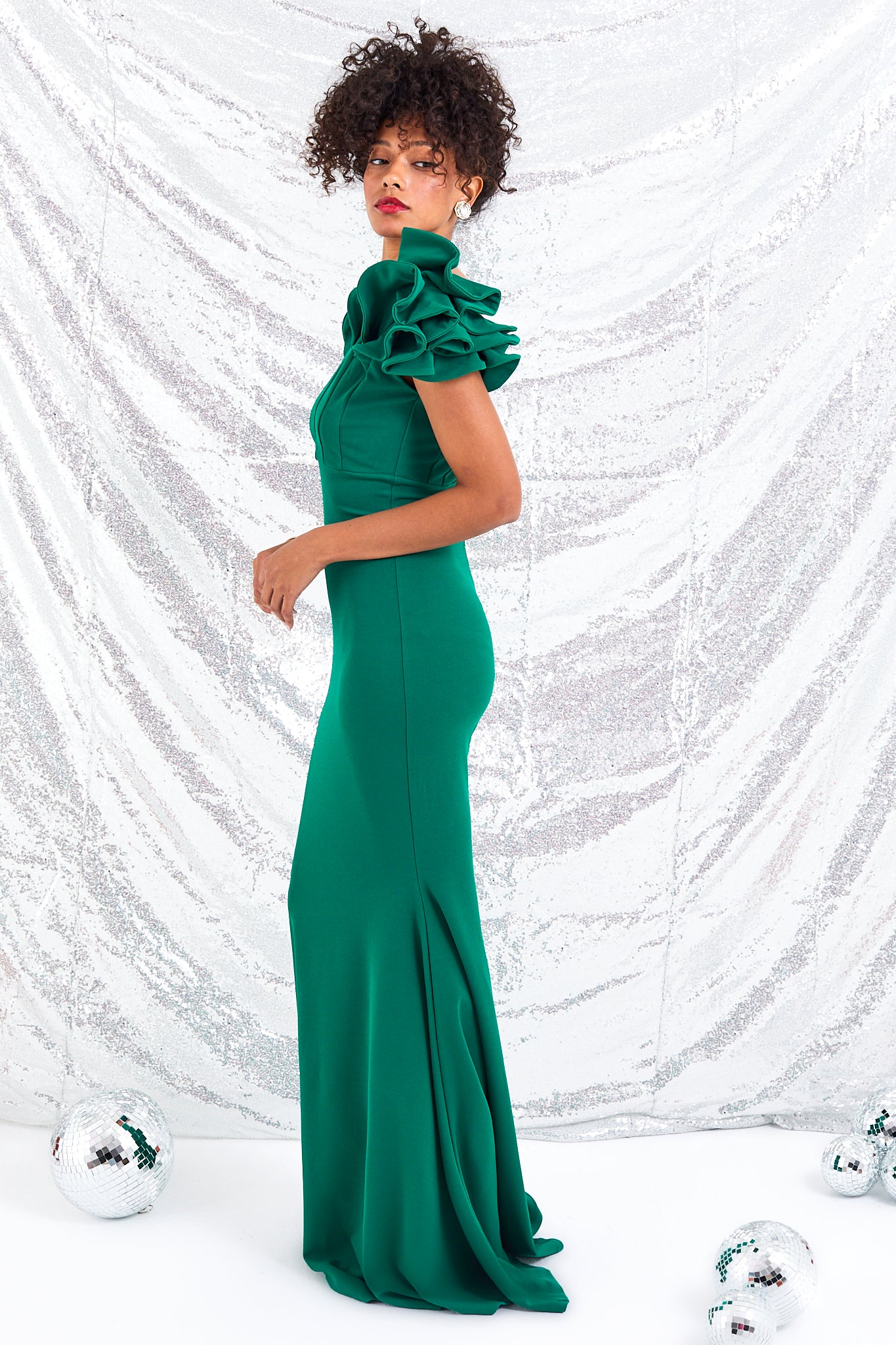 Emerald Green Ruffle Shoulder Gown Dress Womens Clothing
