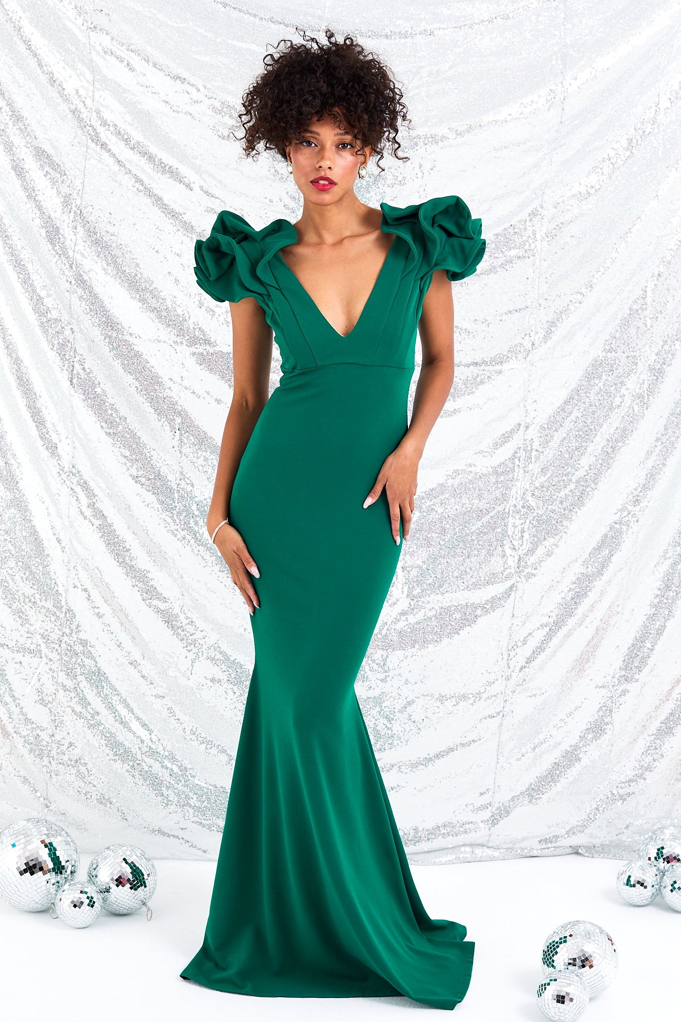 Emerald Green Ruffle Shoulder Gown Dress Womens Clothing