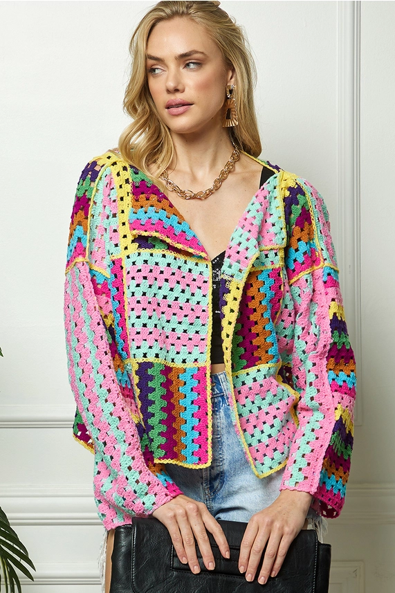Colorful Crochet Open Cardigan Jacket or Coverup for Women