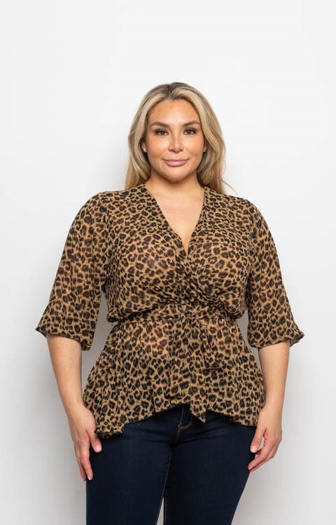 Curvy Leopard Front Tie Surplus Blouse - Main Image