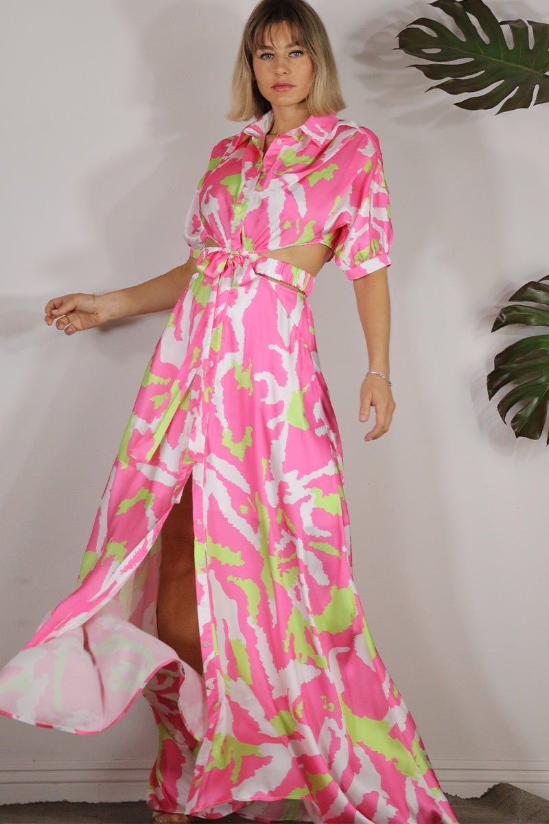 Weezie D. Pink and Green Martini Maxi Dress has cutout waist, front tie and side pockets in our maxi shirt dress. Great for special occasions, summer weddings, bridal and baby showers or a night out.