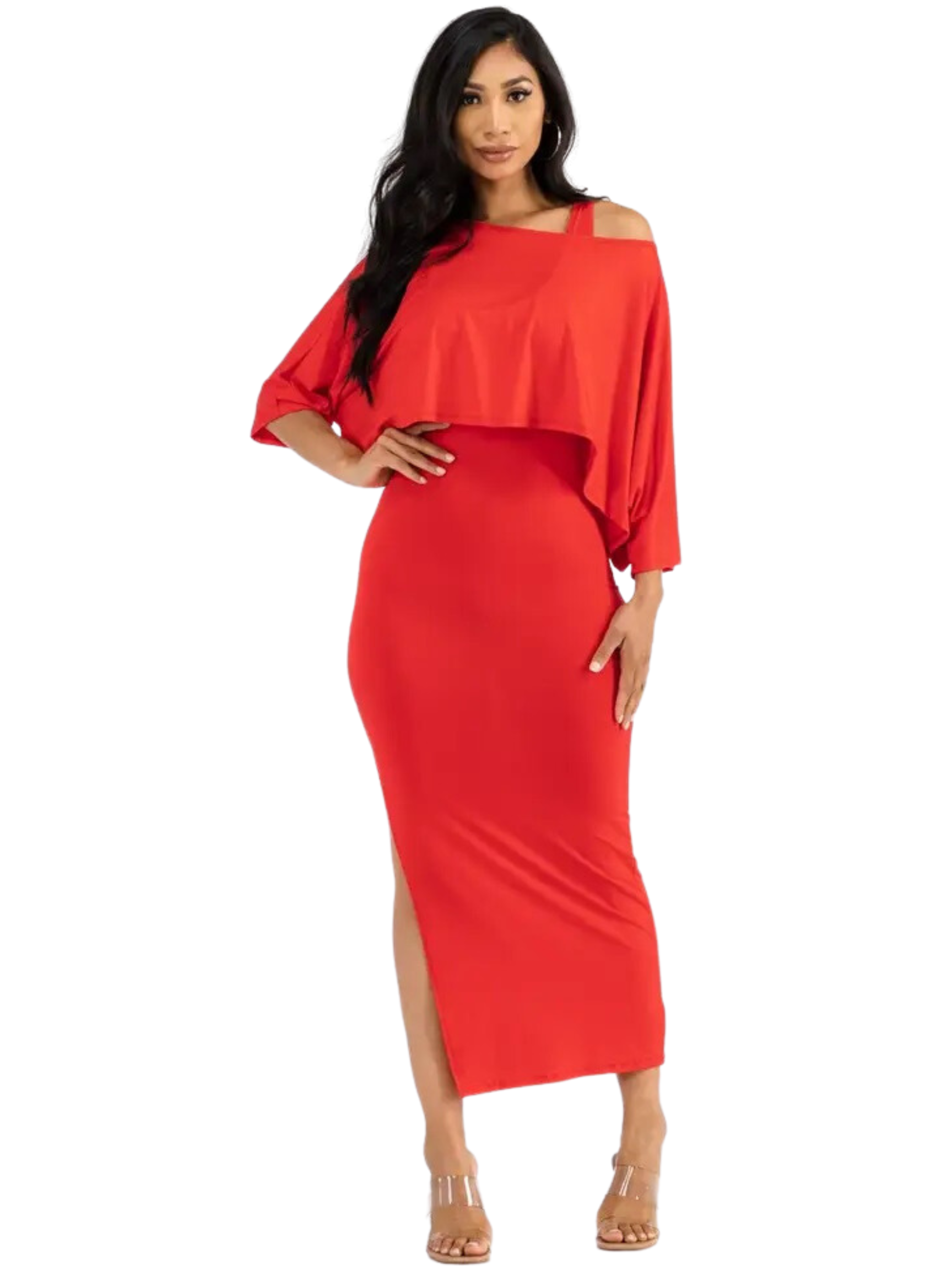 Weezie D Stretch Cayenne Red Double Layer Maxi Dress. Comes with removeable short sleeve top that turns into a tank dress if you desire. Slay this dress at dinner or birthday parties or girls night out. Cute comfortable style all in one.