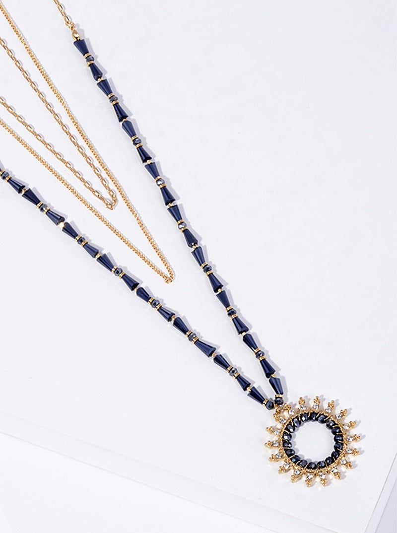 Glass Bead and Crystal Pave Sun Pendant Layered Necklace