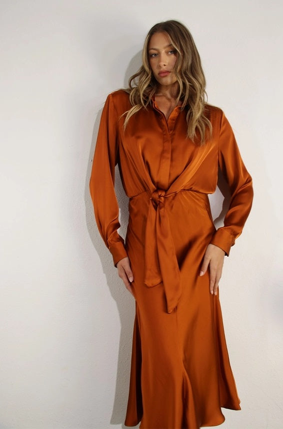 Satin Gold Copper Long Sleeve Midi Dress Satin Gold Copper Long Sleeve Midi Dress