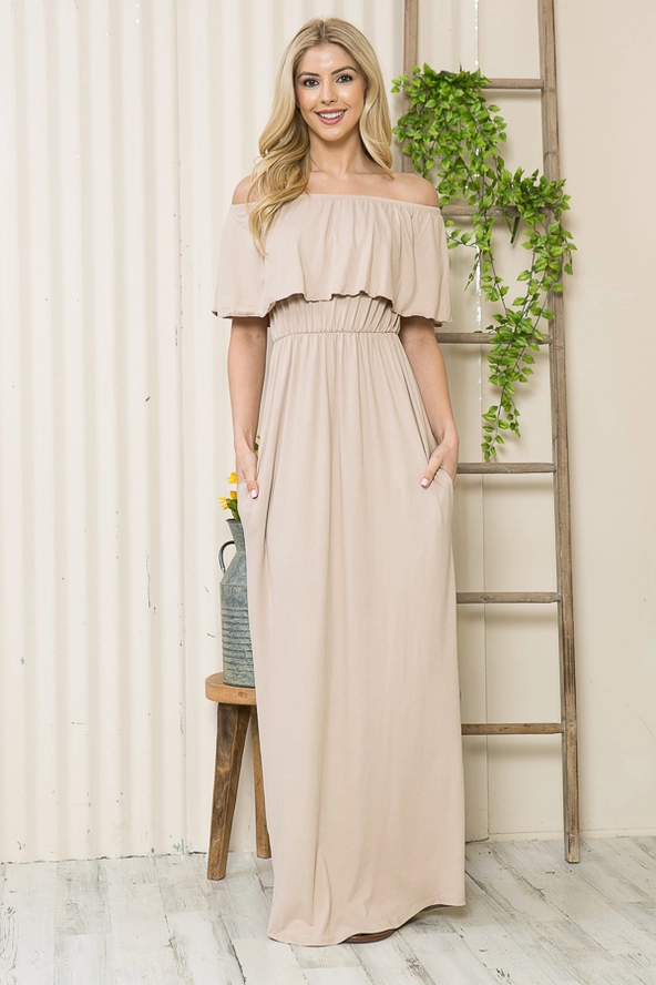Knit Stretch Ruffle Off Shoulder Maxi Sundress Dress for special occasions in  nude