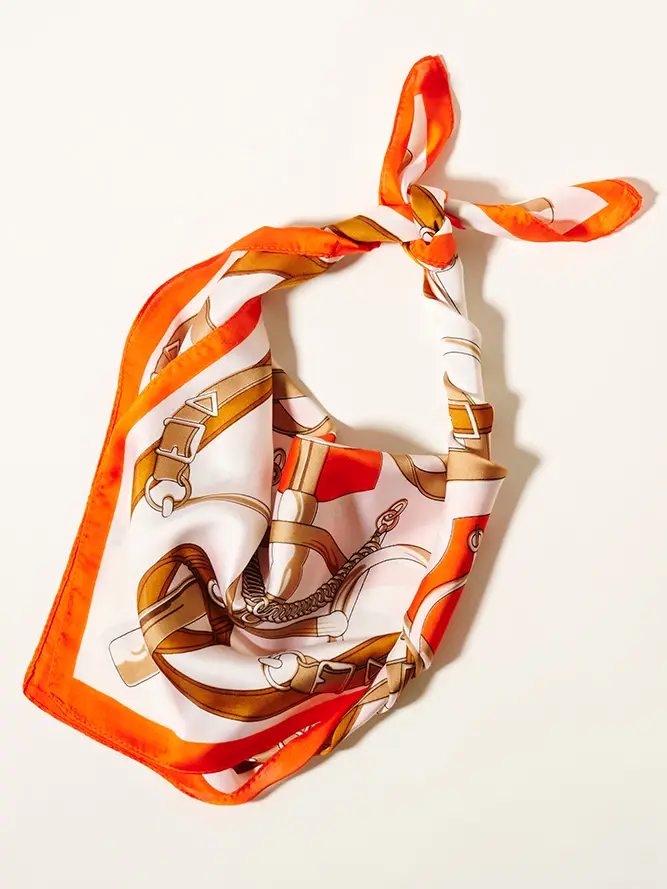 Belt Print Square Scarf as a necktie or scarf accessory.
