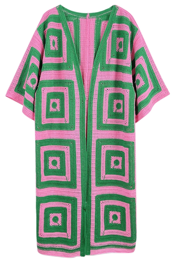 Pink and Green Square Pattern Crochet Cardigan for Women