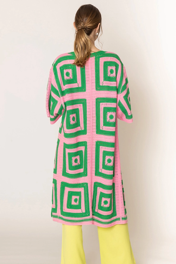 Pink and Green Square Pattern Crochet Cardigan for Women