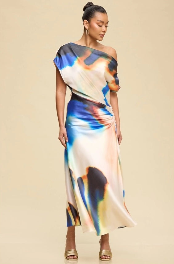 blue watercolor dress Natalia Blue and Gold Watercolor Maxi Dress - L Size - Women's Dresses