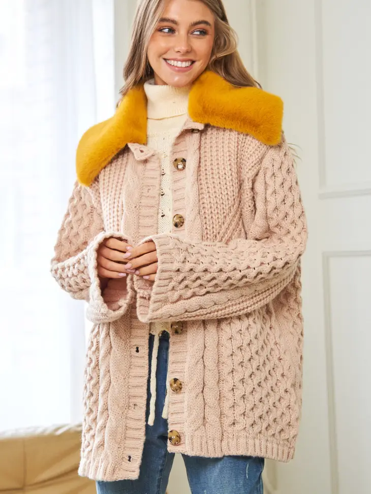 Chunky Cable Knit Cardigan faux fur collar