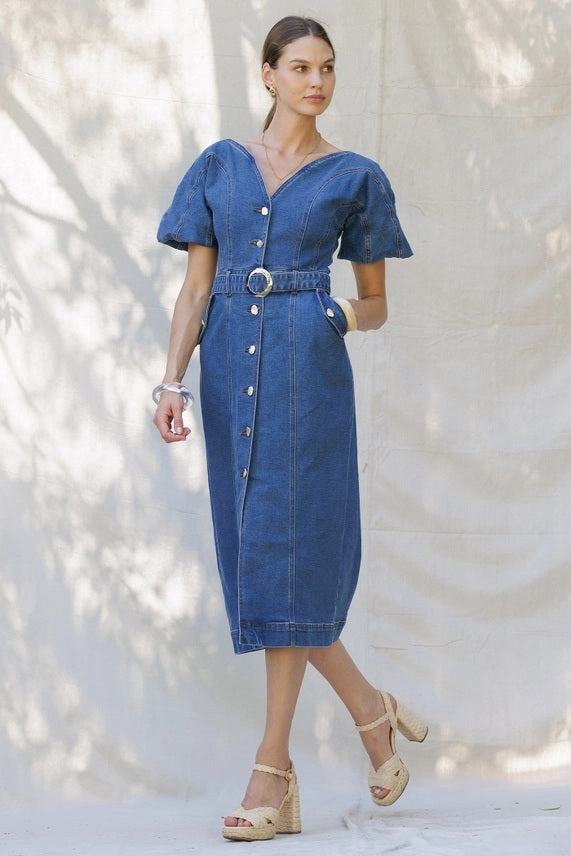 Denim Puff Sleeve Belted Midi Dress by Weezie D. Blue / Medium by Weezie D