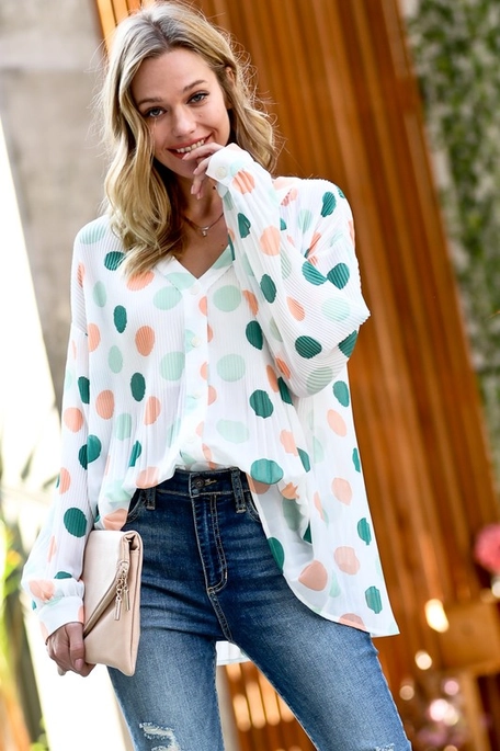 Peach and Green Polka Dot Top Blouse for women