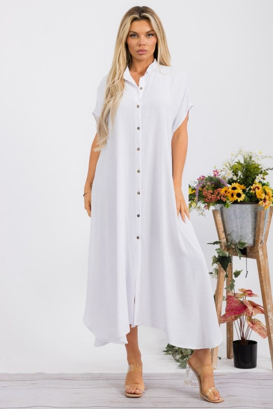 White Oversized Button Front Maxi Dress by Weezie D. by Weezie D White Oversized Button Front Maxi Dress by Weezie D. by Weezie D