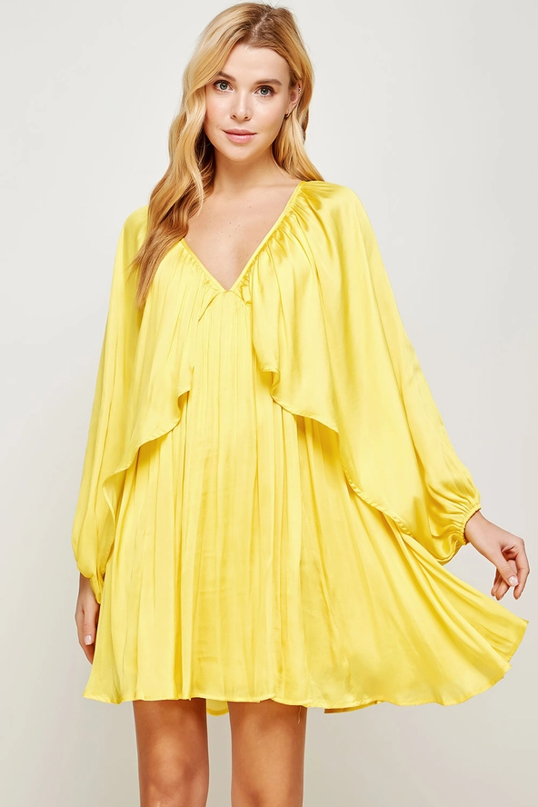 Bight Yellow Flowy Long Sleeve Mini Dress for Women