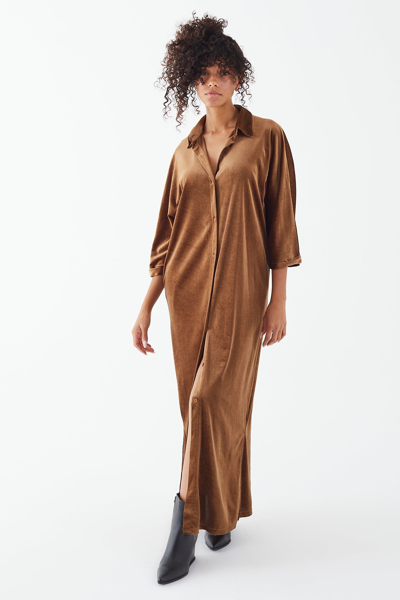 Brown Caramel Velvety Button Down Shirt Dress Womens clothing store