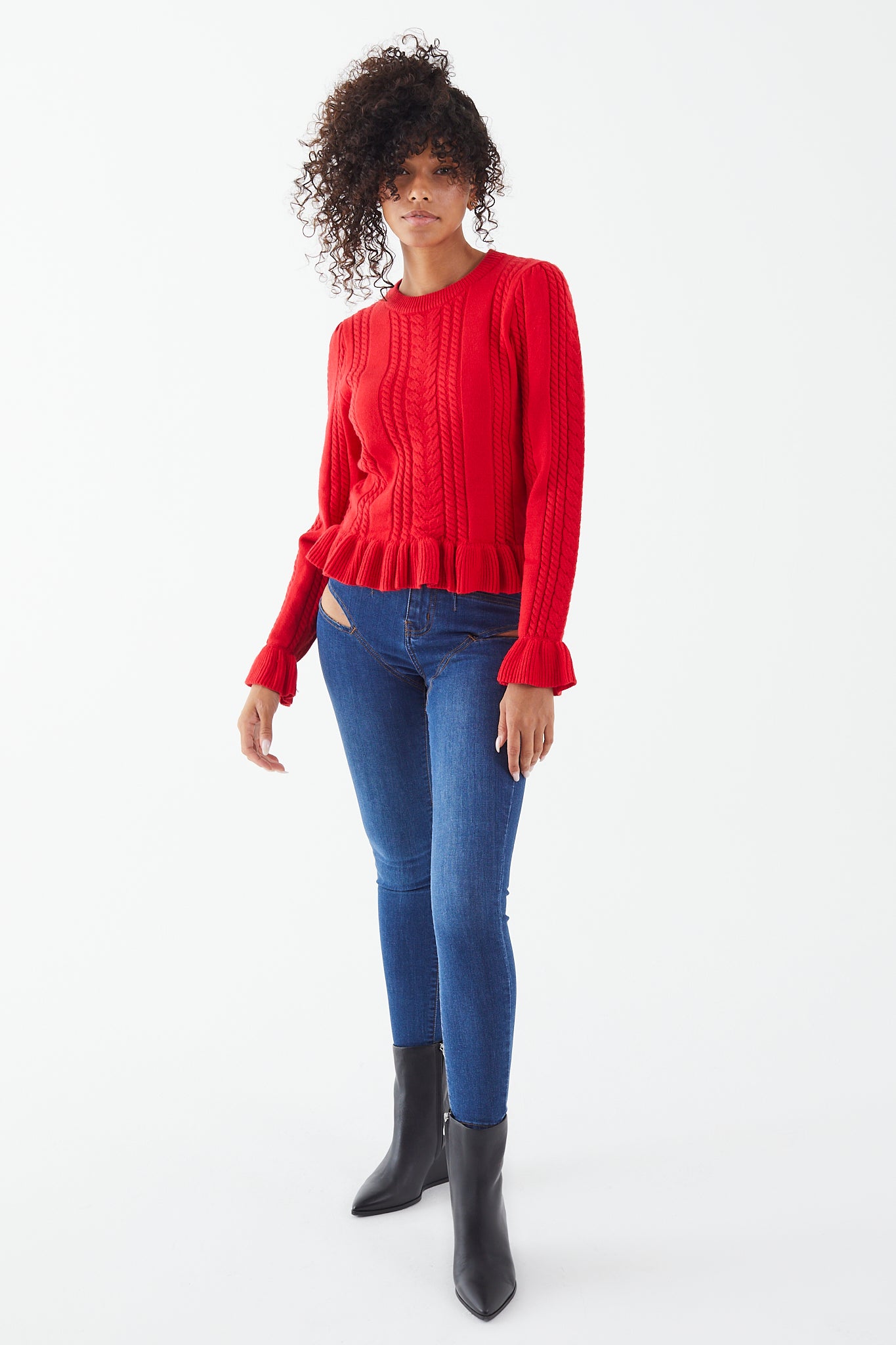 Bright Red Pepper Knit Ruffled Sweater womens clothing store