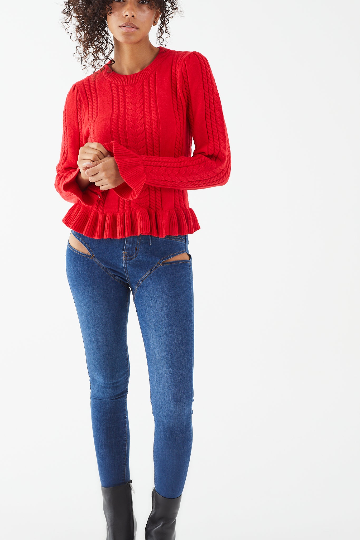 Bright Red Pepper Knit Ruffled Sweater womens clothing store