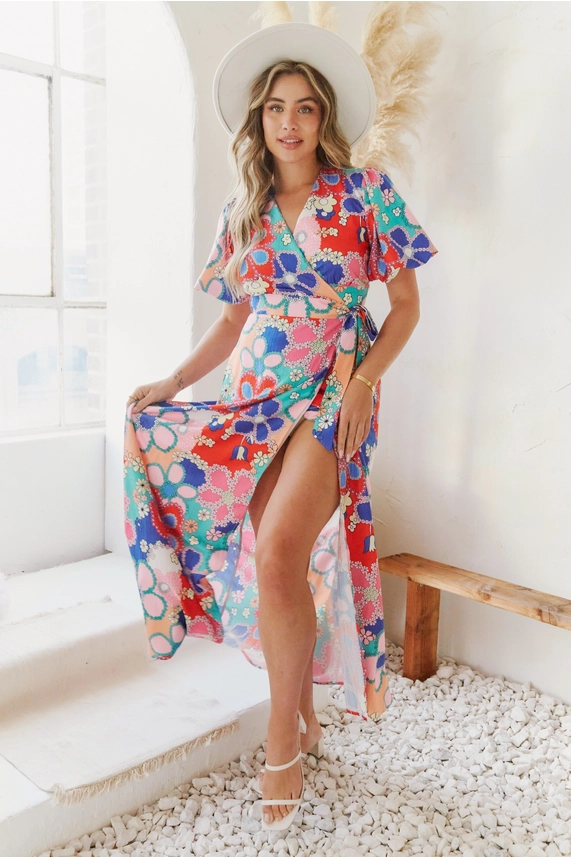 Bright Floral Printed Wrap Maxi Dress for Women.