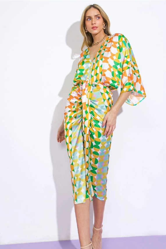 Shapes Galore Printed Satin Dress for summer special occasions in lime green