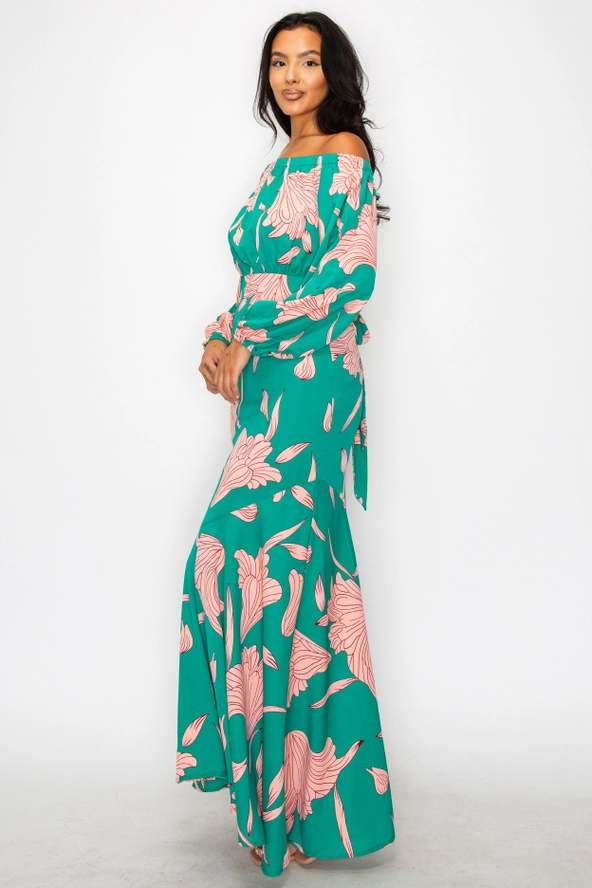 Bright teal Floral Off Shoulder Maxi Dress for women to wear to weddings