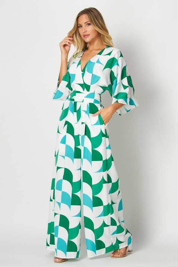 Green and blue Abstract Print Jumpsuit for womens special occasions.