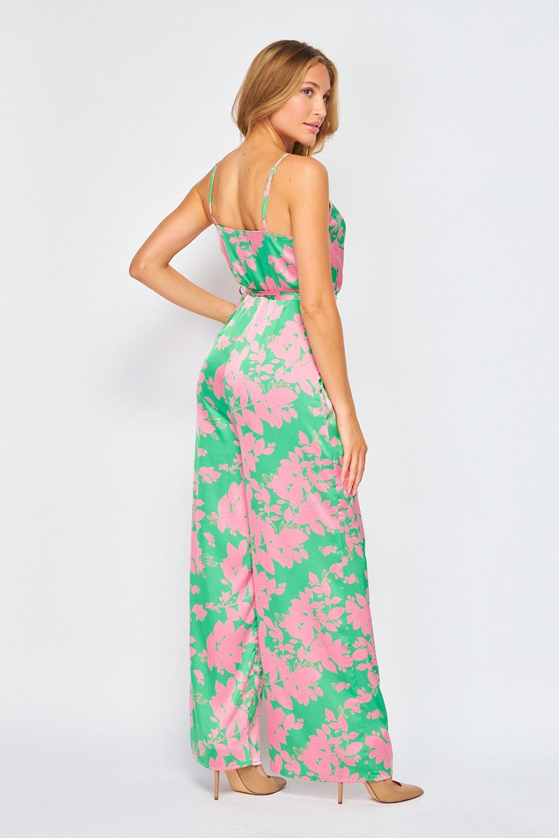 Weezie D pink and green floral print jumpsuit is a beautiful summer outfit with wide leg strapless and side pockets with matching sash belt. Wear to summer weddings and special occasions. Sexy and fun jumpsuit.