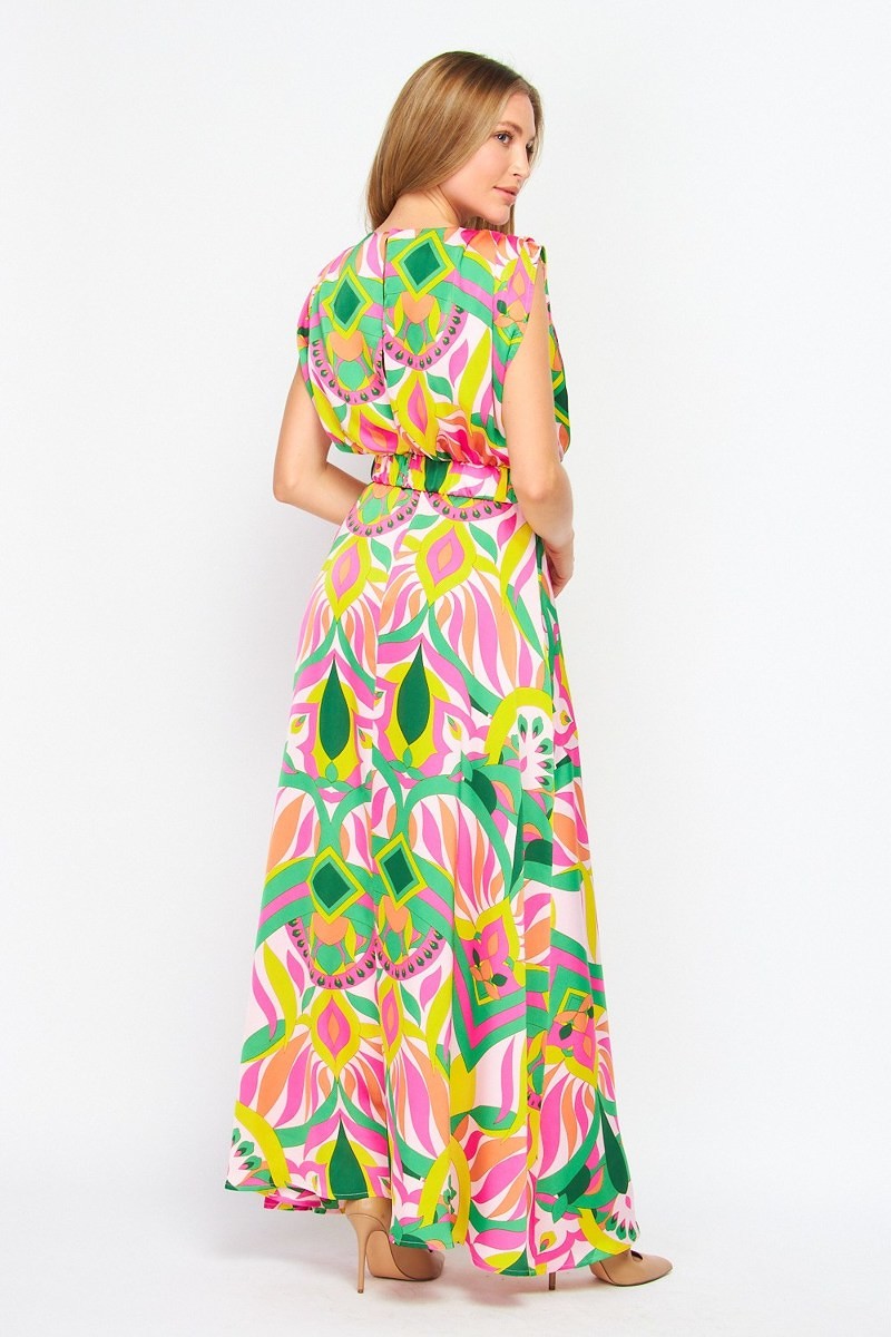 Weezie D Printed in Summer Maxi Dress has a classic silhouette with all the colors of the season. Pleated shoulder detail, split back with button closure, matching stretch snap belt and back zipper will have you summer event ready for any occasion. Great for a wedding, brunch dress birthday party or dinner date.