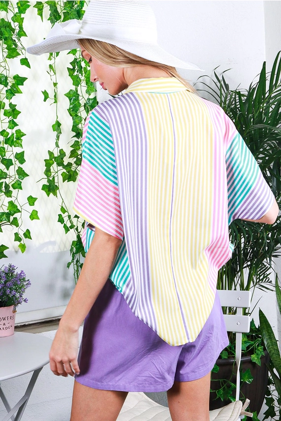 Pastel Colorful Stripe Button Up Blouse for Women