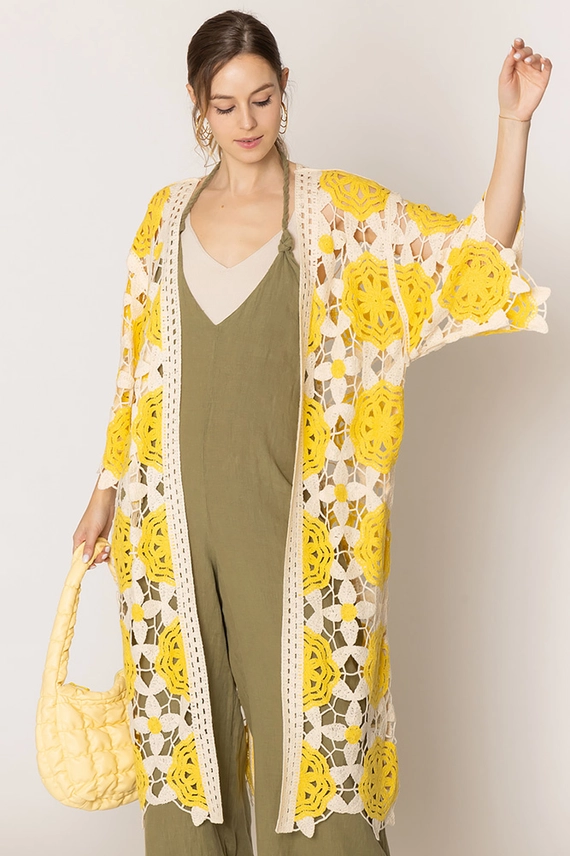 Yellow Flower Crochet Midi Cardigan for Women