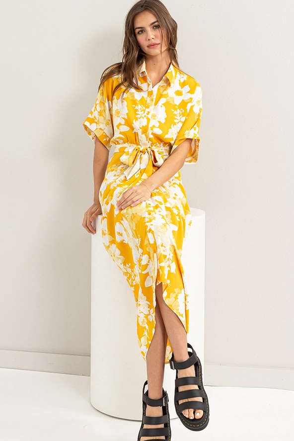 Canary Yellow Floral Printed Button Dress for Women