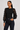 Front view of black 3D floral sleeve rib knit sweater