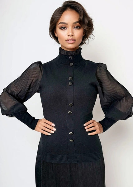 Black Knit Sweater With Chiffon Sleeves