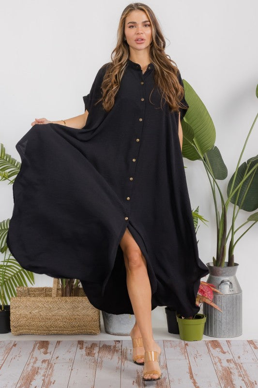 Black Oversized Button Front Maxi Dress by Weezie D. by Weezie D. Black Oversized Button Front Maxi Dress by Weezie D. by Weezie D.