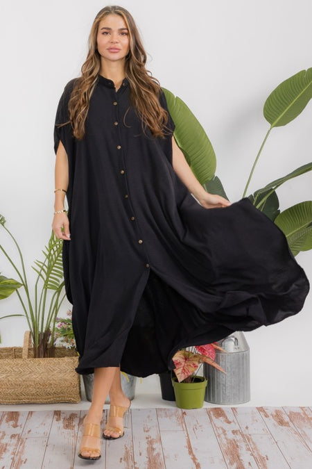 black oversized maxi dress Black Oversized Button Front Maxi Dress