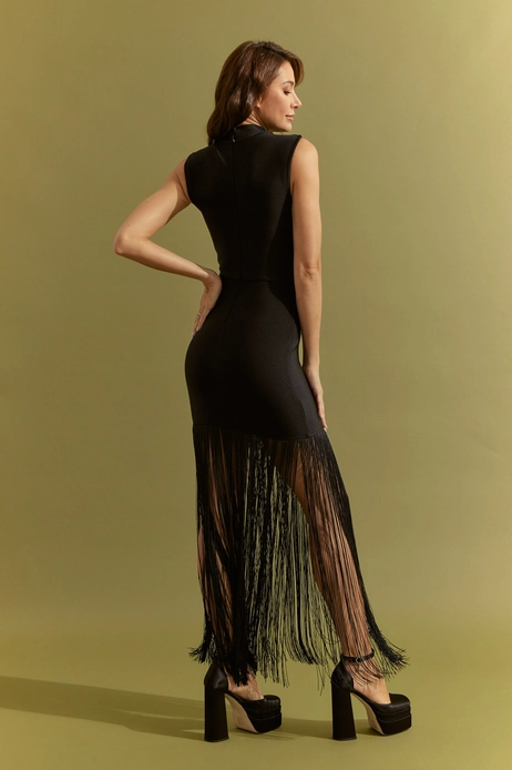 Bandage Fringe Black Dress stretch womens clothing store on sale 