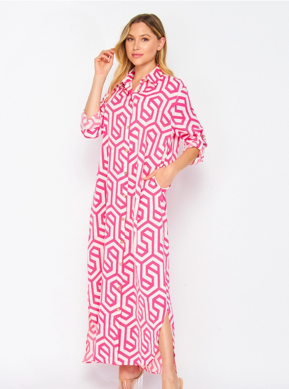Flowy Geometric Print Shirt Dress in pink and white for women