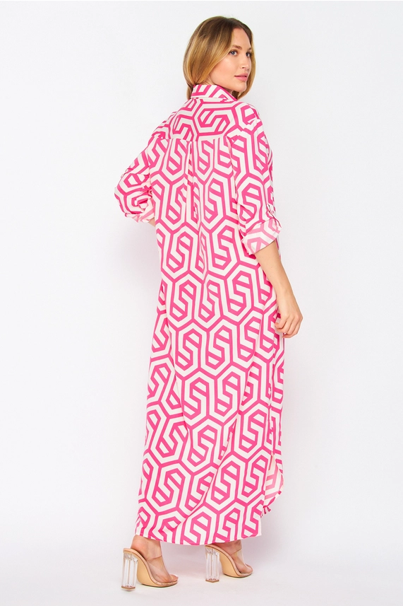 Flowy Geometric Print Shirt Dress in pink and white for women