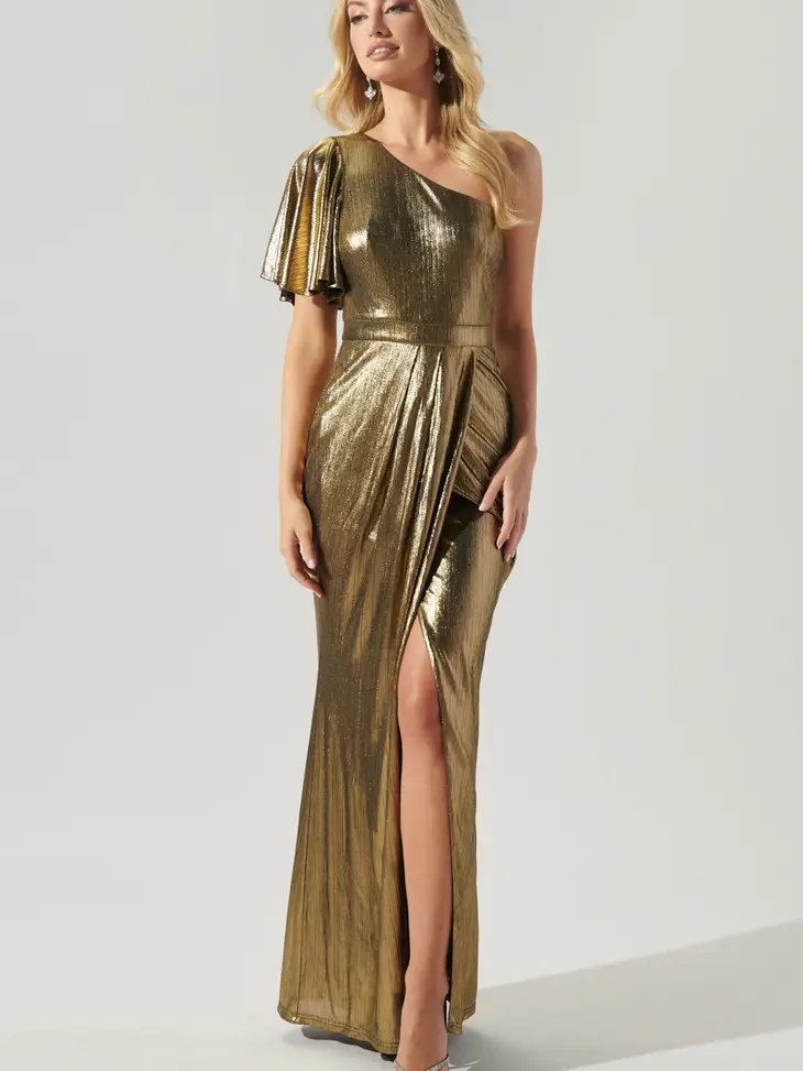 Maxi Liquid Gold One Shoulder Gown Womens Dress