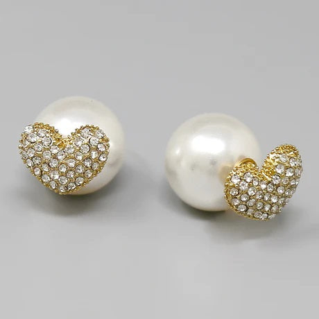 Pave Heart and Pearl Stud Earrings