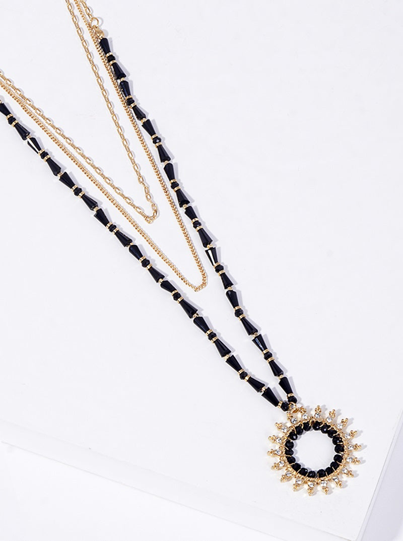 Glass Bead and Crystal Pave Sun Pendant Layered Necklace