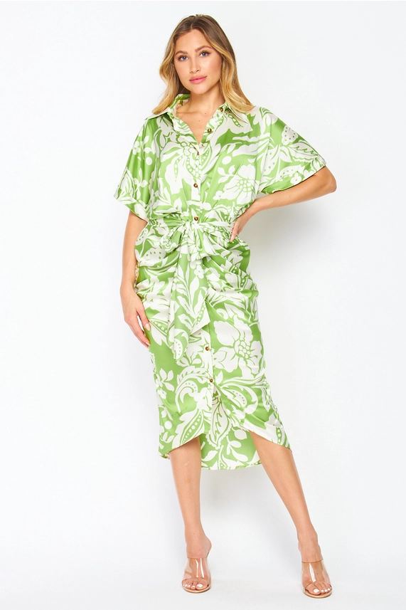 Lime green Floral Printed Dress with belt for women