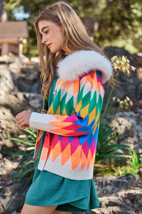 Colorful Diamond Faux Fur Cardigan Sweater