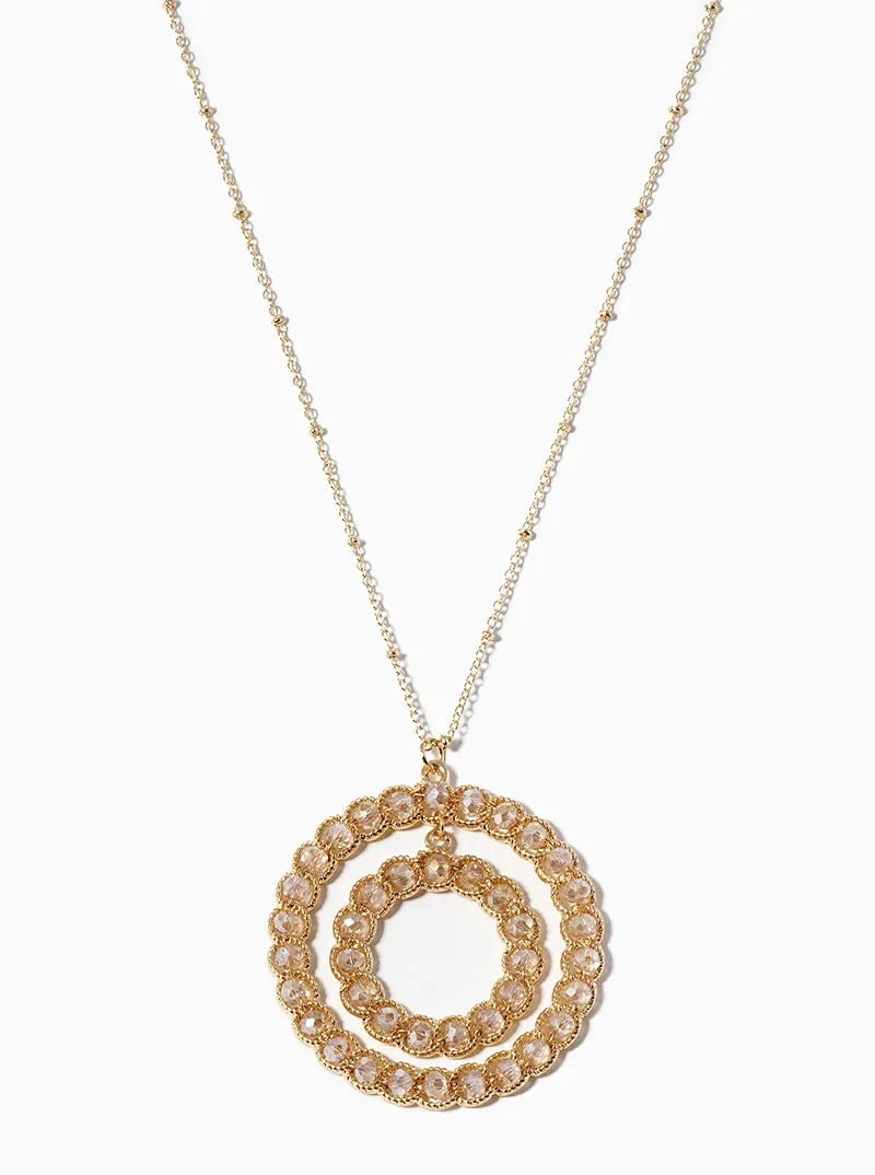 Taupe Glass Bead Double Circle Pendant Necklace