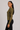 Side view of olive green ruched mesh long sleeve top