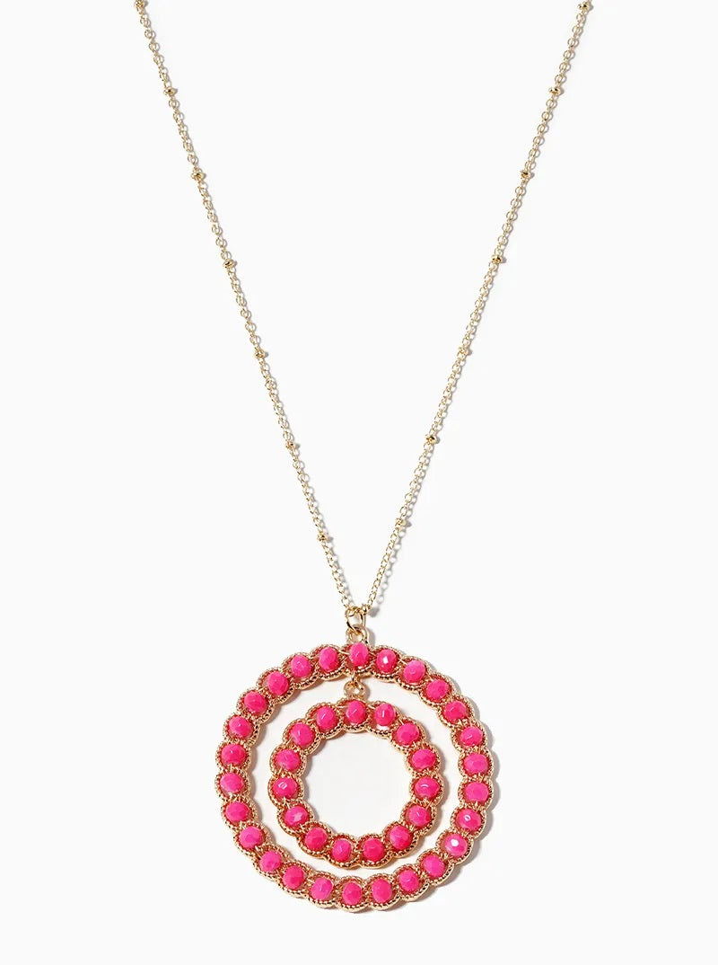 Pink Glass Bead Double Circle Pendant Necklace