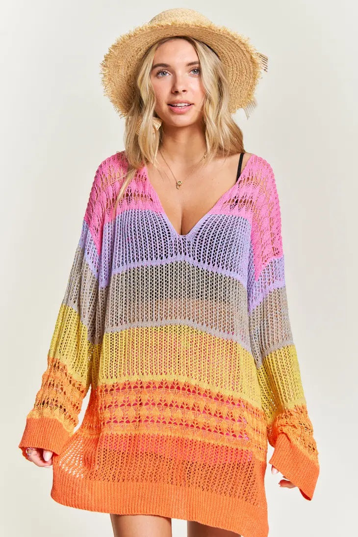 Weezie D. rainbow crochet tunic top has a colorblocking effect. Great to wear as a coverup for the beach. Slay the day beach babe. Wear over a tank dress tank tops as a beautiful layering top. Oversized top. 