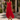 Front view of red belted handkerchief hem midi dress