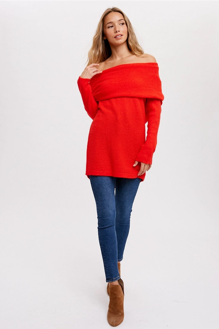 Long Sleeve Womens Cherry Red Off the Shoulder Knit Sweater