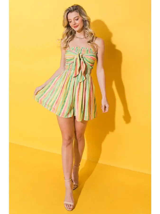 Weezie D. Colorful stripe strapless flare shorts romper is flowy, flirty and feminine for a summer day out. Perfect to wear to that bbq, picnic, or festival. Great for vacation. 